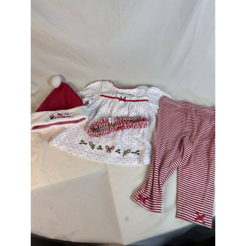 Little Me 12M My 1st Christmas Outfit Set Top Pants Hat Headband 4pc